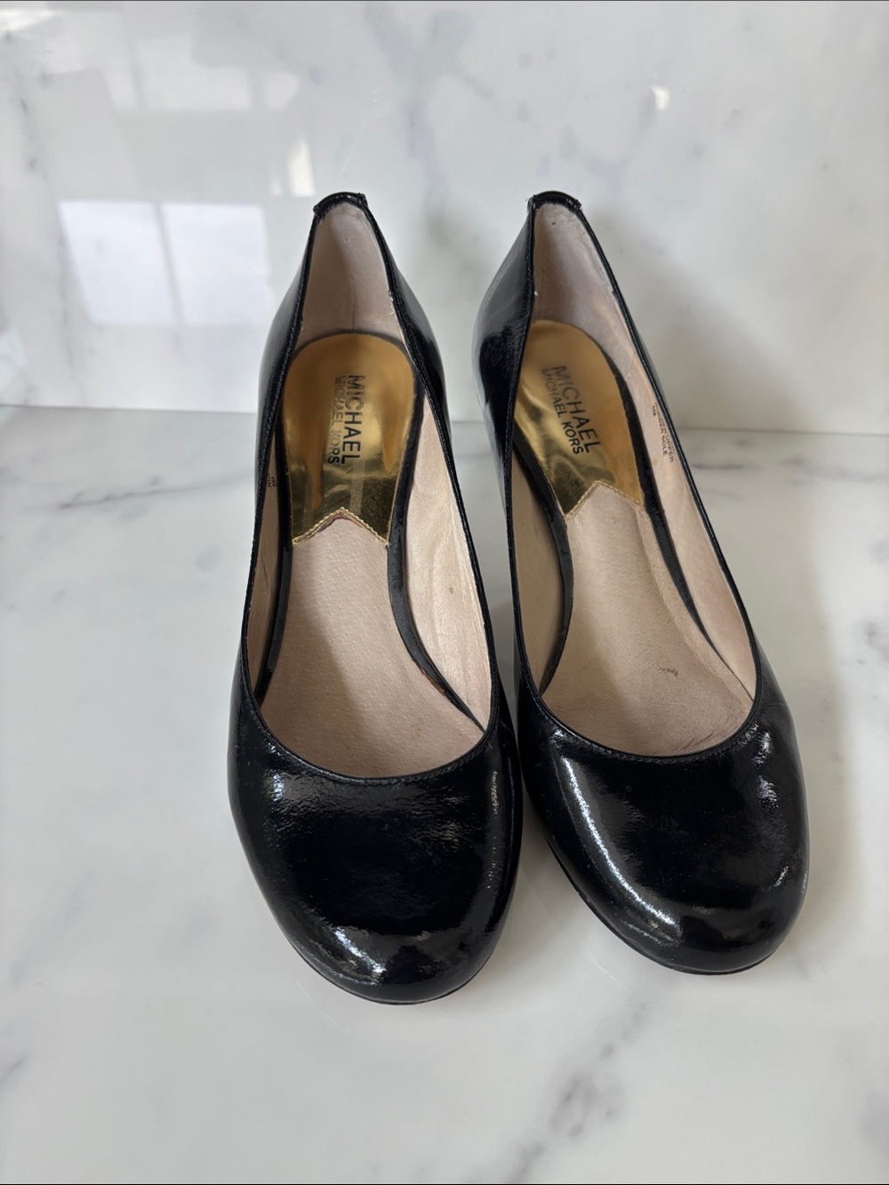 MICHAEL Michael Kors Black Patent Round-Toe Pumps
